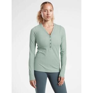 Athleta Uptempo Gray Green Ribbed Henley Long Sleeve Top Medium'